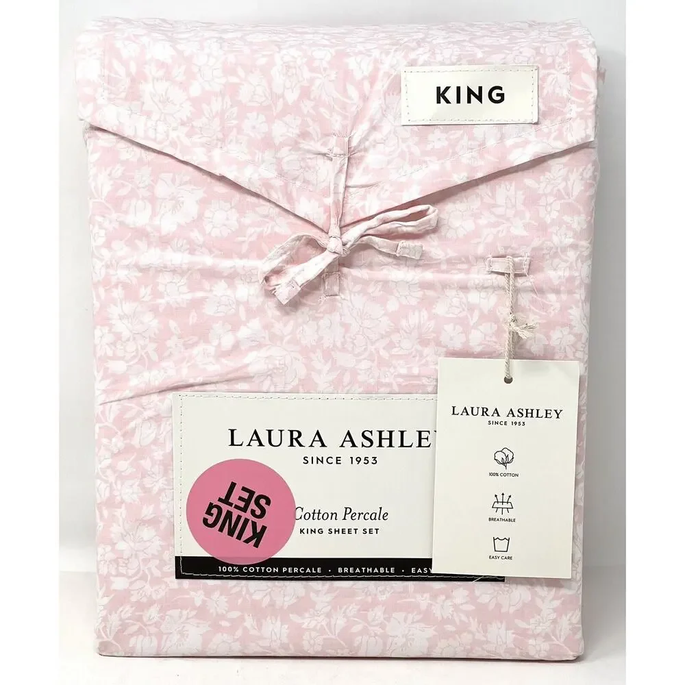 LAURA ASHLEY Heirloom Ditzy Percale Cotton KING Sheet Set Light Pink White NWT